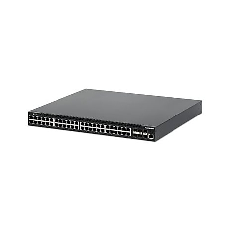 Schwarzer Netzwerk-Switch mit 48 LAN-Ports und zusätzlichen Uplink-Anschlüssen vor weißem Hintergrund.