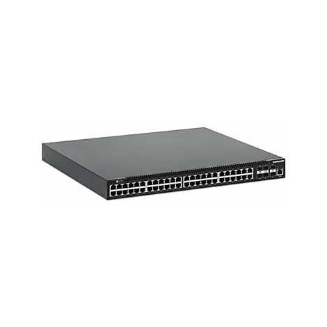 Schwarzer Netzwerk-Switch mit zahlreichen RJ45-Anschlüssen an der Vorderseite vor weißem Hintergrund.