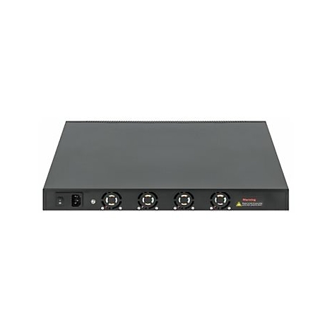 Rückseite eines schwarzen 19-Zoll-Servers mit vier Lüftern, Stromanschluss und Warnaufkleber auf weißem Hintergrund.