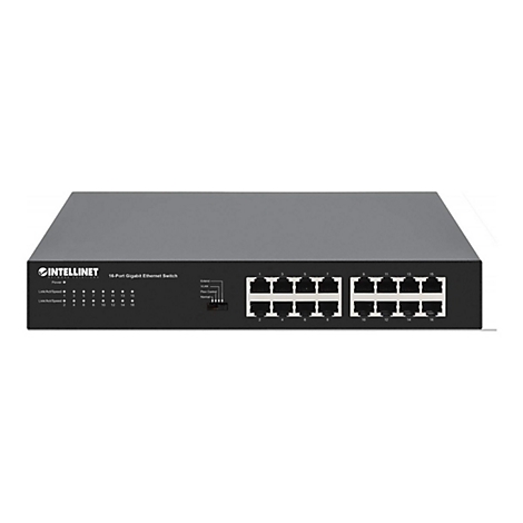 Schwarzer 16-Port Gigabit Ethernet Switch von Intellinet mit LED-Anzeigen und Anschlüssen auf weißem Hintergrund.