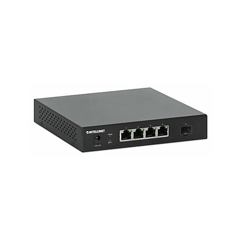 Schwarzer Intellinet Netzwerk-Switch mit vier LAN-Ports und einem SFP-Steckplatz auf weißem Hintergrund.