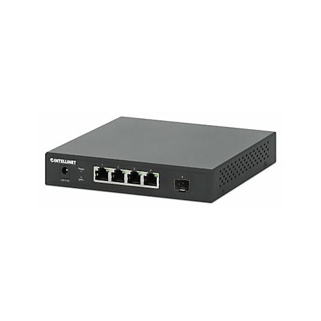 Schwarzer Intellinet Netzwerk-Switch mit vier LAN-Ports und einem SFP-Port vor weißem Hintergrund.