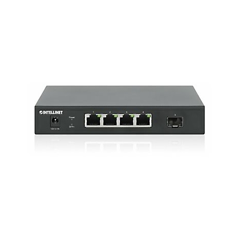 Schwarzer Intellinet Netzwerk-Switch mit vier RJ45-Ports und einem SFP-Slot vor weißem Hintergrund.