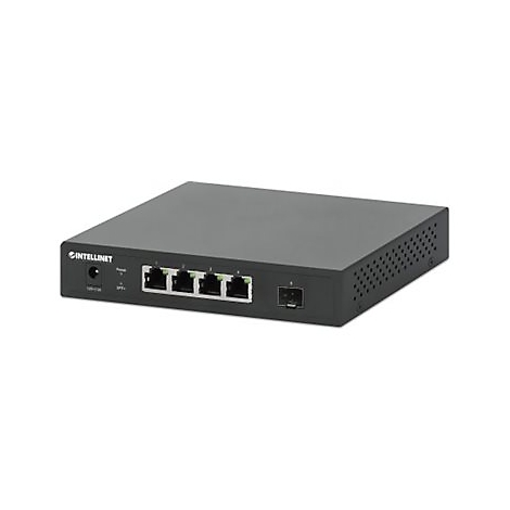 Schwarzer Intellinet Netzwerk-Switch mit vier Ethernet-Ports und einem SFP-Steckplatz auf weißem Hintergrund.