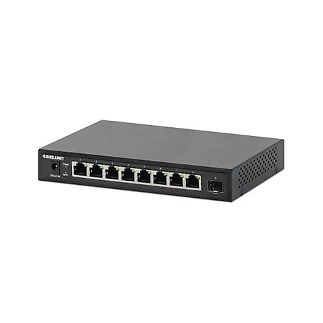 Schwarzer Intellinet Netzwerk-Switch mit acht Ethernet-Ports und einem SFP-Anschluss vor weißem Hintergrund.