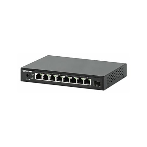 Schwarzer Intellinet Netzwerk-Switch mit acht Ethernet-Ports und einem SFP-Slot in einer kompakten Gehäuseform.