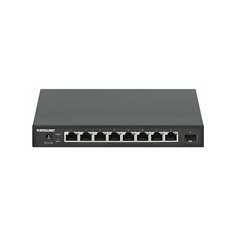 Schwarzer Intellinet Netzwerk-Switch mit acht Ethernet-Ports und einem SFP-Slot vor weißem Hintergrund.