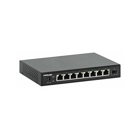 Schwarzer Intellinet Netzwerk-Switch mit acht Ethernet-Ports vor neutralem, weißem Hintergrund.