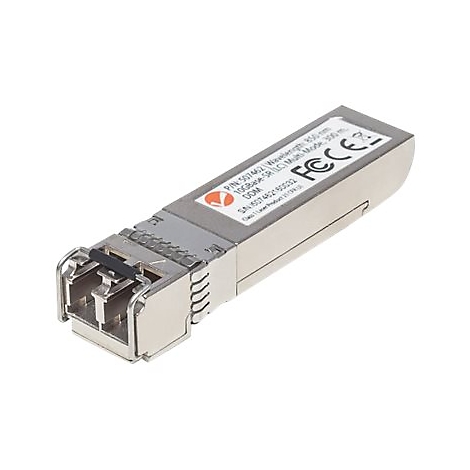 Ein silbernes SFP+ Glasfaser-Transceiver-Modul mit Aufkleber und LC-Anschluss.