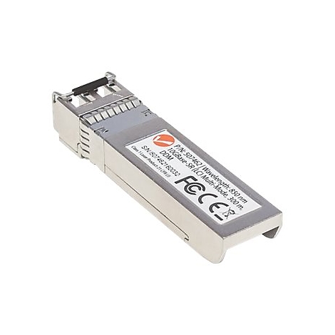 SFP+ Glasfaser-Transceiver in Metallausführung mit weißem Etikett und technischen Daten vor weißem Hintergrund.