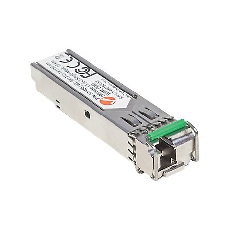 Ein metallisches SFP-Transceiver-Modul mit einem grünen Kunststoffhebel, beschriftet mit technischen Daten.