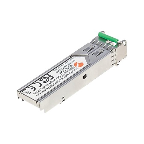 Silbernes SFP-Modul mit weißem Aufkleber, Produktbezeichnung 507486 und grünem Bügelgriff auf weißem Grund.