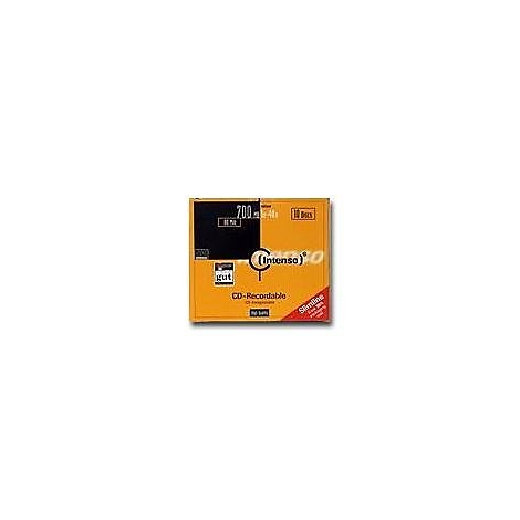 Boîte jaune de CD-R de la marque Intenso. Impression : 700 Mo, 80 min, 10 disques.