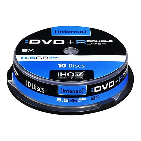 Eine Packung Intenso DVD+R Discs, 10 StÃ¼ck, blaue und schwarze Verpackung mit SchriftzÃ¼gen.