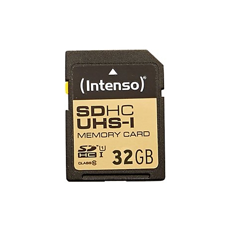Gros plan d'une carte SD noire avec une étiquette dorée. On peut lire 'Intenso', 'SDHC UHS-I', 'Memory Card' et '32GB'.