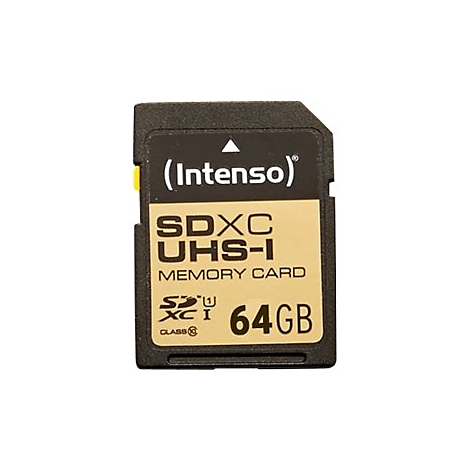 Carte SD noire par Intenso. Inscription : SDXC UHS-I Memory Card 64 Go.