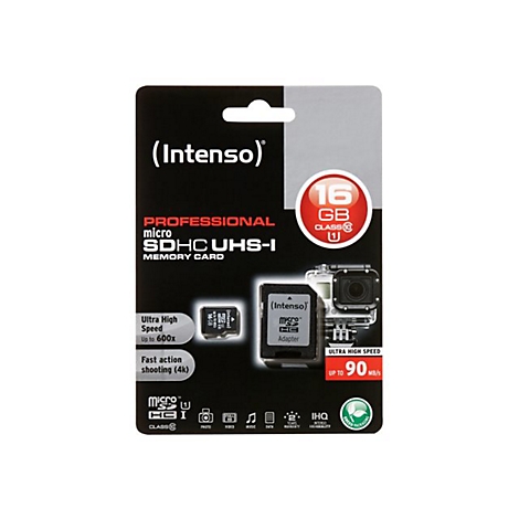 Carte mémoire dans son emballage. Marque (Intenso), 16 Go, Ultra High Speed, Micro SDHC UHS-I.