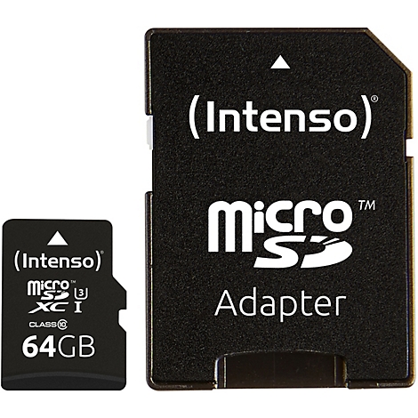 Deux cartes SD noires avec des lettres blanches. À gauche, une carte micro SD avec l'inscription Intenso, 64 Go. À droite, un adaptateur avec l'inscription Micro SD Adapter.
