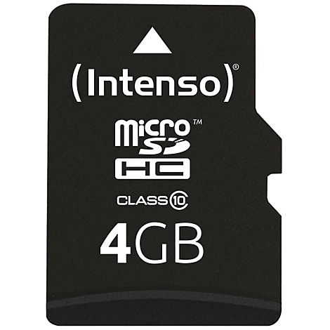 Carte mémoire microSDHC noire avec texte blanc. Le nom de la marque "Intenso" est en haut, en dessous "micro SDHC". En bas, "4GB" et "Class 10" sont indiqués.