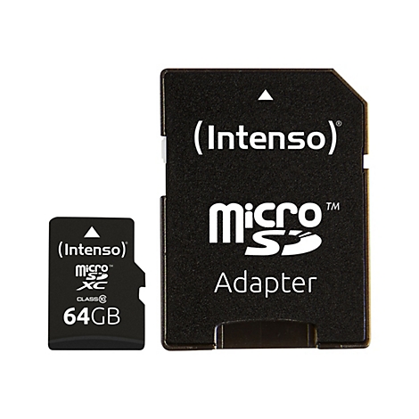 Une carte SD noire et un adaptateur sur fond blanc. La carte indique "(Intenso)", "Micro S", "64GB". L'adaptateur porte la mention "Micro S Adapter".