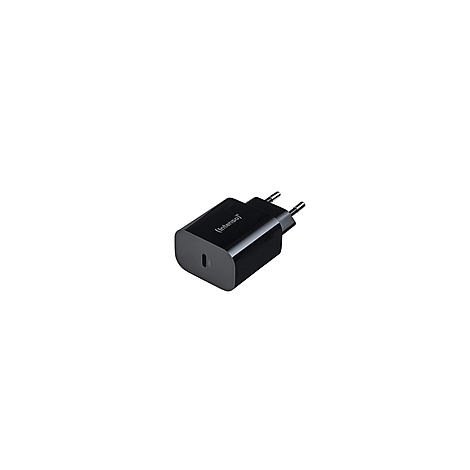 Schwarzes Ladegerät mit USB-C-Anschluss, Stecker, Schriftzug.