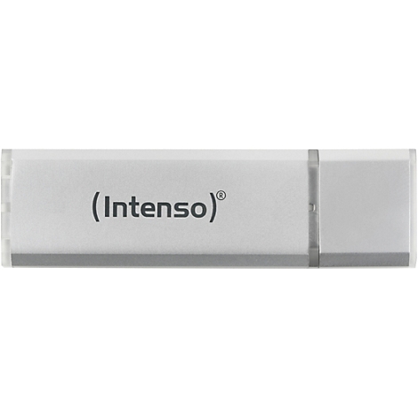 Ein grauer USB-Stick mit dem Schriftzug (Intenso)®.