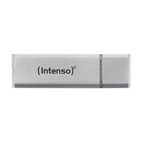 Clé USB argentée avec l'inscription "(Intenso)" sur fond blanc.