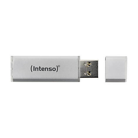 Ein grauer USB-Stick mit abgenommenem Verschluss, rechts daneben. Auf dem Stick steht '(Intenso)®'.
