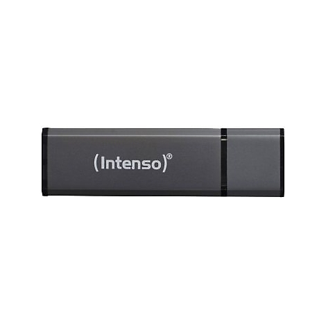 Grauer USB-Stick mit weiÃŸem (Intenso)-Schriftzug. Schwarze Umrandung. Detailaufnahme.