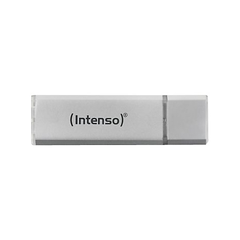Silberner USB-Stick mit dem Schriftzug "(Intenso)".