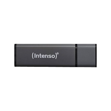 Grauer USB-Stick mit (Intenso)-Schriftzug. Der Stick ist rechteckig und hat eine dunkle Einfassung.