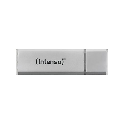 Ein silberner USB-Stick mit dem Schriftzug "(Intenso)".