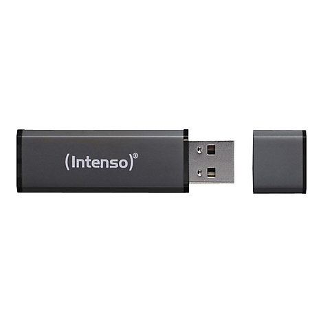 Grauer USB-Stick, Marke Intenso, mit abgenommener Schutzkappe.