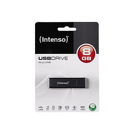USB-Stick von Intenso auf Verpackung. Schwarzer Stick, silbernes GehÃ¤use, 8 GB.