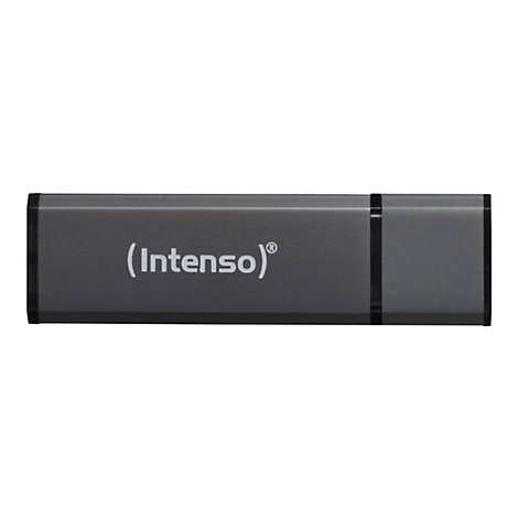 Dunkelgrauer USB-Stick mit dem Schriftzug (Intenso) in WeiÃŸ.