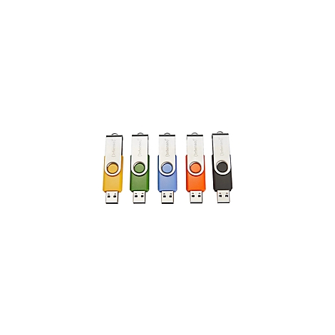 Fünf farbige USB-Sticks mit drehbarem Metallschutz, Logo 'Intenso'.