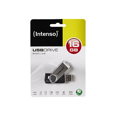 Eine USB-Festplatte von Intenso, 16 GB, auf einer Verpackung mit gelben und schwarzen Details.