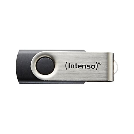 Schwarzer Intenso USB-Stick mit schwenkbarem silbernem Metallbügel vor weißem Hintergrund.