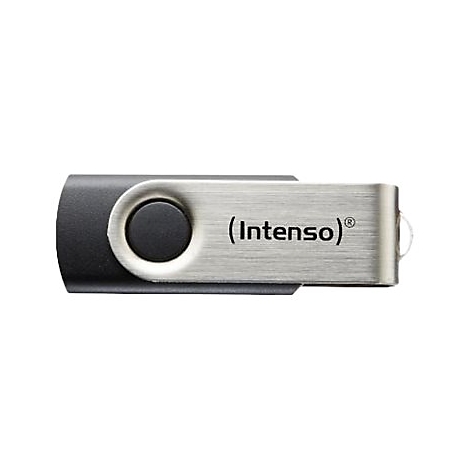 Intenso USB-Stick mit silberner Metall-Drehkappe und schwarzem Gehäuse.