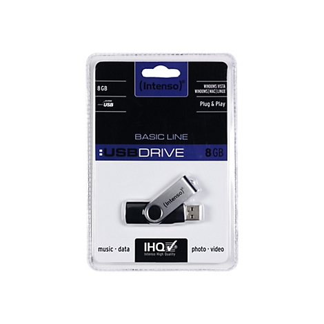 Intenso 8GB USB-Stick in Blisterverpackung mit schwarzer und silberner Optik.