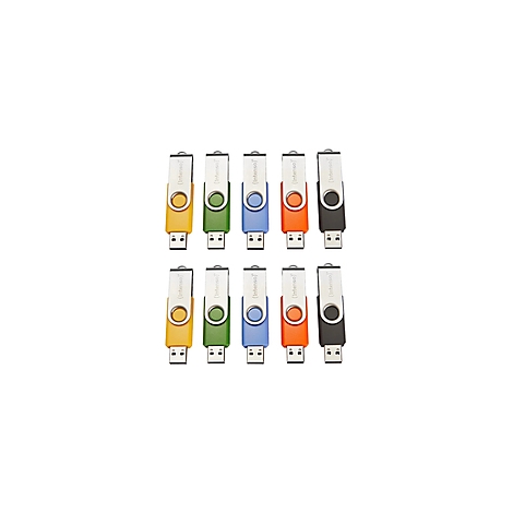 Zehn verschiedenfarbige USB-Sticks liegen nebeneinander, mit silbernen Gehäusen und unterschiedlichen Farbdetails.
