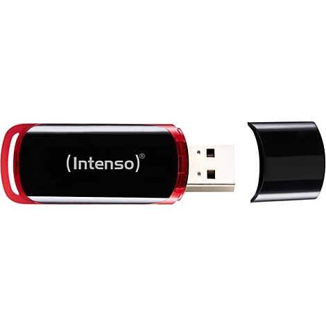Ein schwarzer USB-Stick mit rotem Rand und Schlaufe, Marke Intenso. Einzelne Kappe daneben.