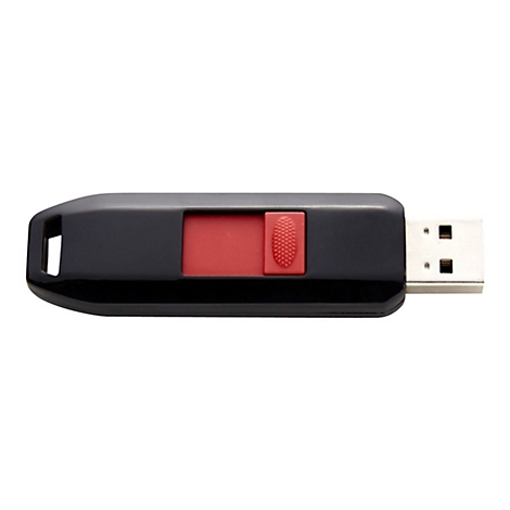 Schwarzer USB-Stick mit rotem Schiebemechanismus vor weißem Hintergrund.