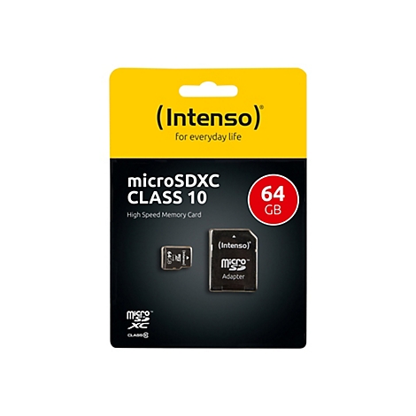 Emballage d'une carte mémoire microSDXC avec le logo Intenso et l'inscription 64 Go.