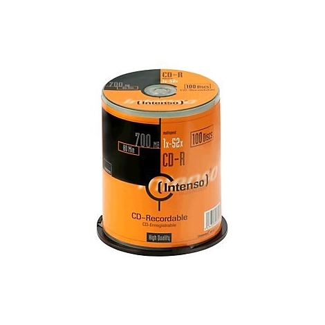 Eine zylindrische CD-R-Packung in Orange und Schwarz. Aufschrift: 'Intenso', 'CD-R', '100 Discs'.