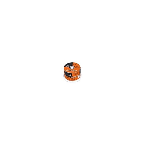 Orange und schwarze Schleifscheiben, beschriftet mit technischen Daten und dem Markenlogo.