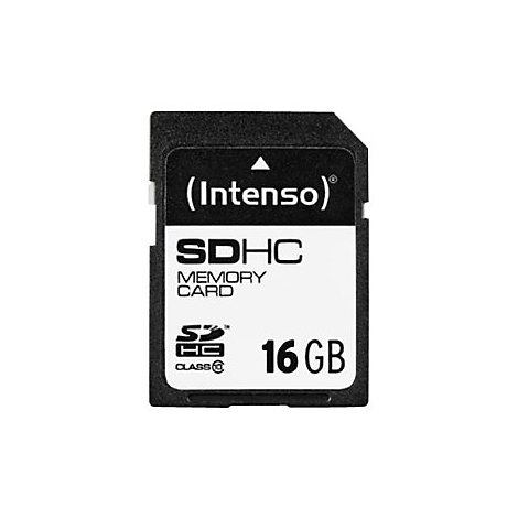 Schwarze SDHC-Speicherkarte von Intenso, 16 GB, mit weiÃŸem Label und Schriftzug.