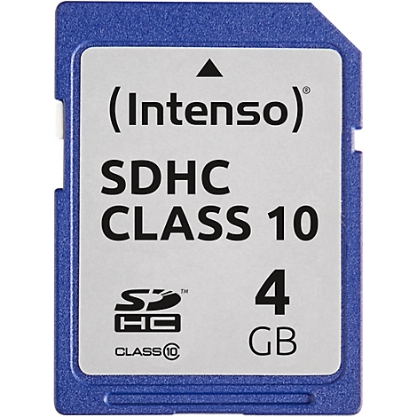 Blaue SDHC-Speicherkarte von Intenso, 4GB, Klasse 10.