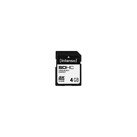 Schwarze Intenso SDHC-Speicherkarte mit 4 GB Speicherkapazität auf weißem Hintergrund.