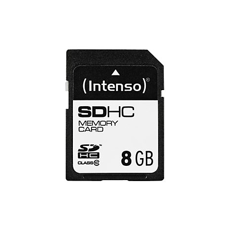 Schwarze SDHC-Speicherkarte von Intenso. Aufschrift: SDHC Memory Card, 8GB und Logo.